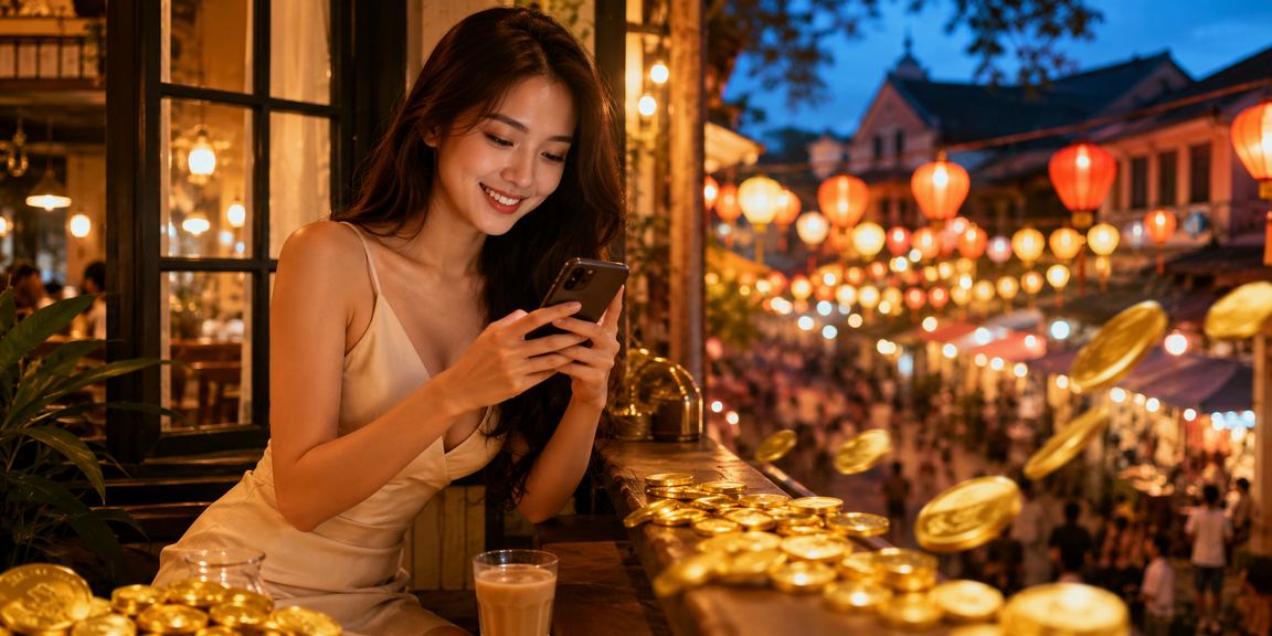 Người dùng tại Đà Lạt ngồi trong quán cà phê, thực hiện giao dịch tài chính và theo dõi thể thao trên điện thoại