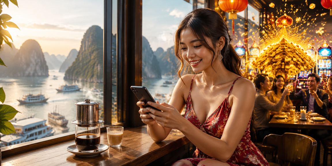 Người dùng tại Hạ Long dùng điện thoại thực hiện giao dịch nạp tiền bên ly cà phê buổi sáng